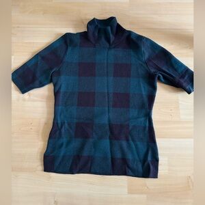 Ann Taylor Teal/Navy Blue Plaid Mock-Neck Half-Sleeve sweater